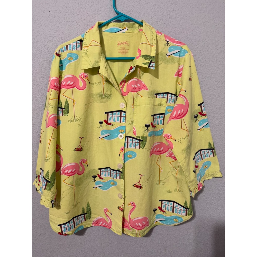 Nick & Nora Flamingo Pajama Top Large MCM Pool Print Cotton Yellow Novelty